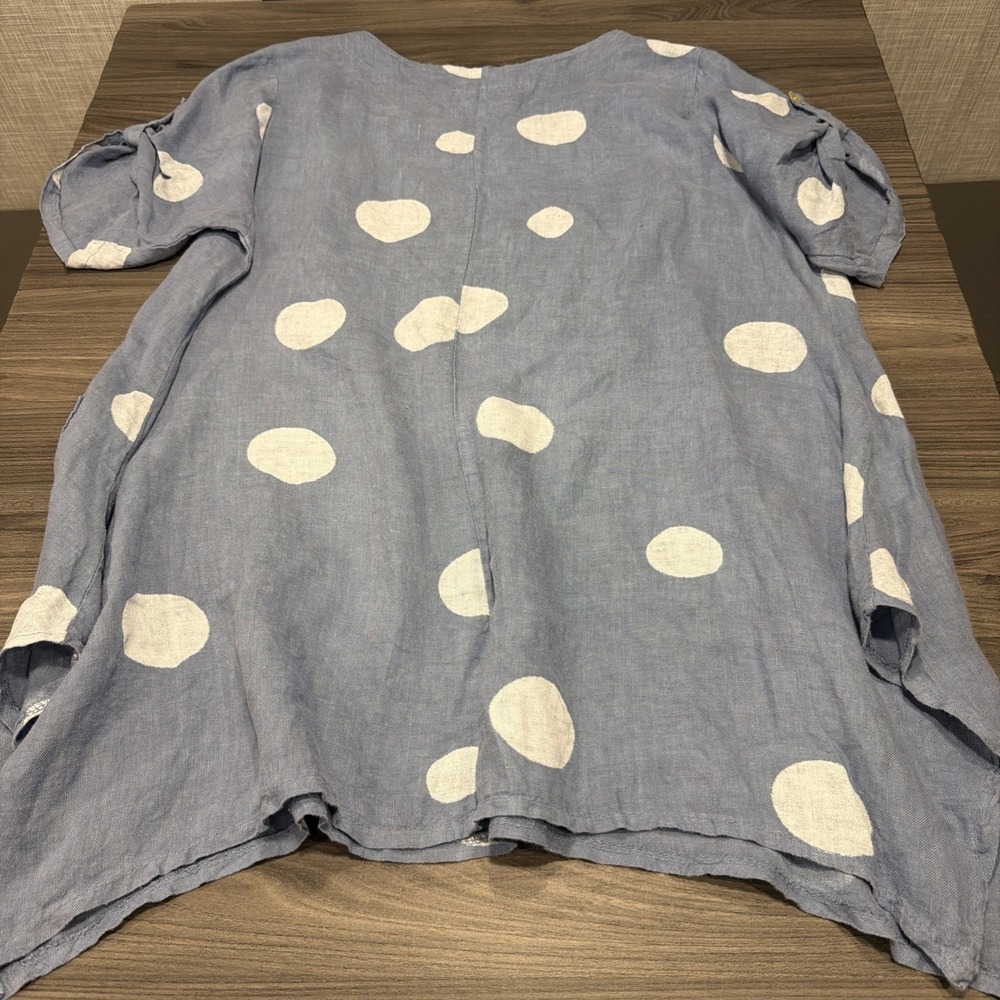 Made In Italy 100% Linen Blue Polka Dot Tunic Top Blouse Lagenlook Boho Artsy - Picture 8 of 9